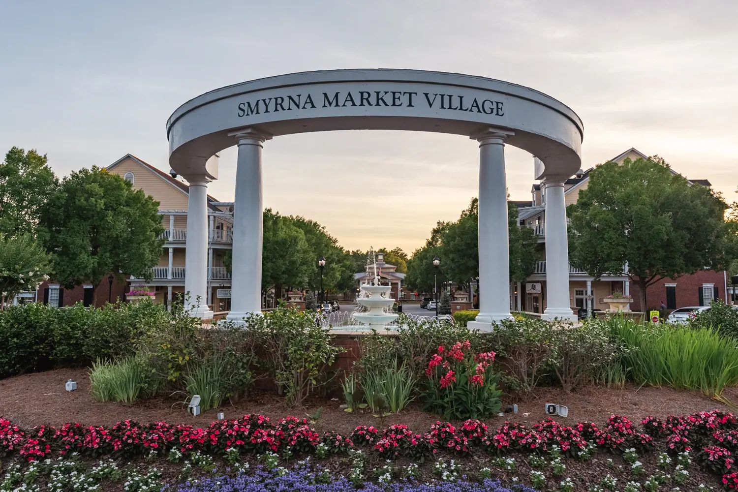 Smyrna Market Village entrance at dusk